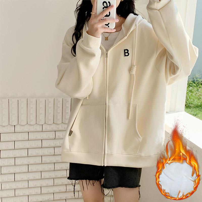 Velvet Loose Hooded Sweatshirt for Women Autumn and Winter 2024 New Burgundy Zipper Cardigan Thickened Jacket for Women Lazy Style