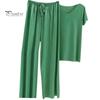 Lady Top Pants Set 2 Pcs/Set Women T-shirt Pleated Wide Leg V Neck Short Sleeves Summer Loose Homewear Pullover Thin Plus Size Trousers Clothing