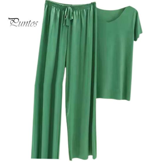 Lady Top Pants Set 2 Pcs/Set Women T-shirt Pleated Wide Leg V Neck Short Sleeves Summer Loose Homewear Pullover Thin Plus Size Trousers Clothing