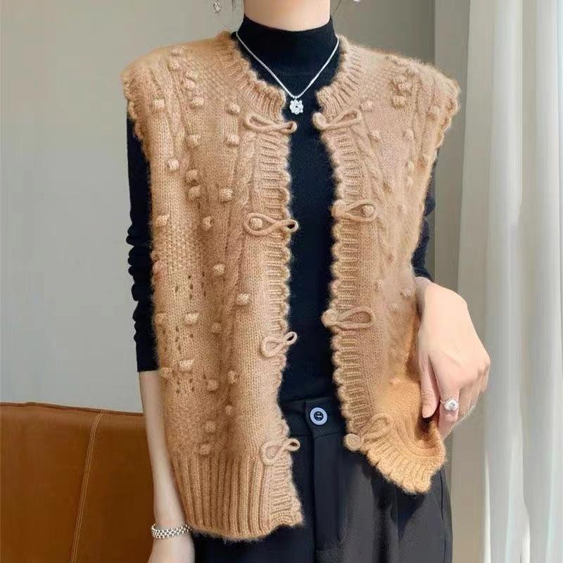 Women's Knitted Sweater Vest Autumn and Winter New Chinese Style Buckle Knitted Vest