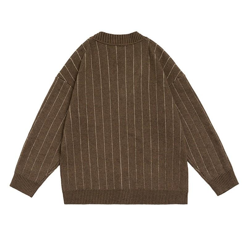 Unisex Japanese Retro Style Striped Knit Cardigan V-Neck Loose Fit Sweater Casual Wear