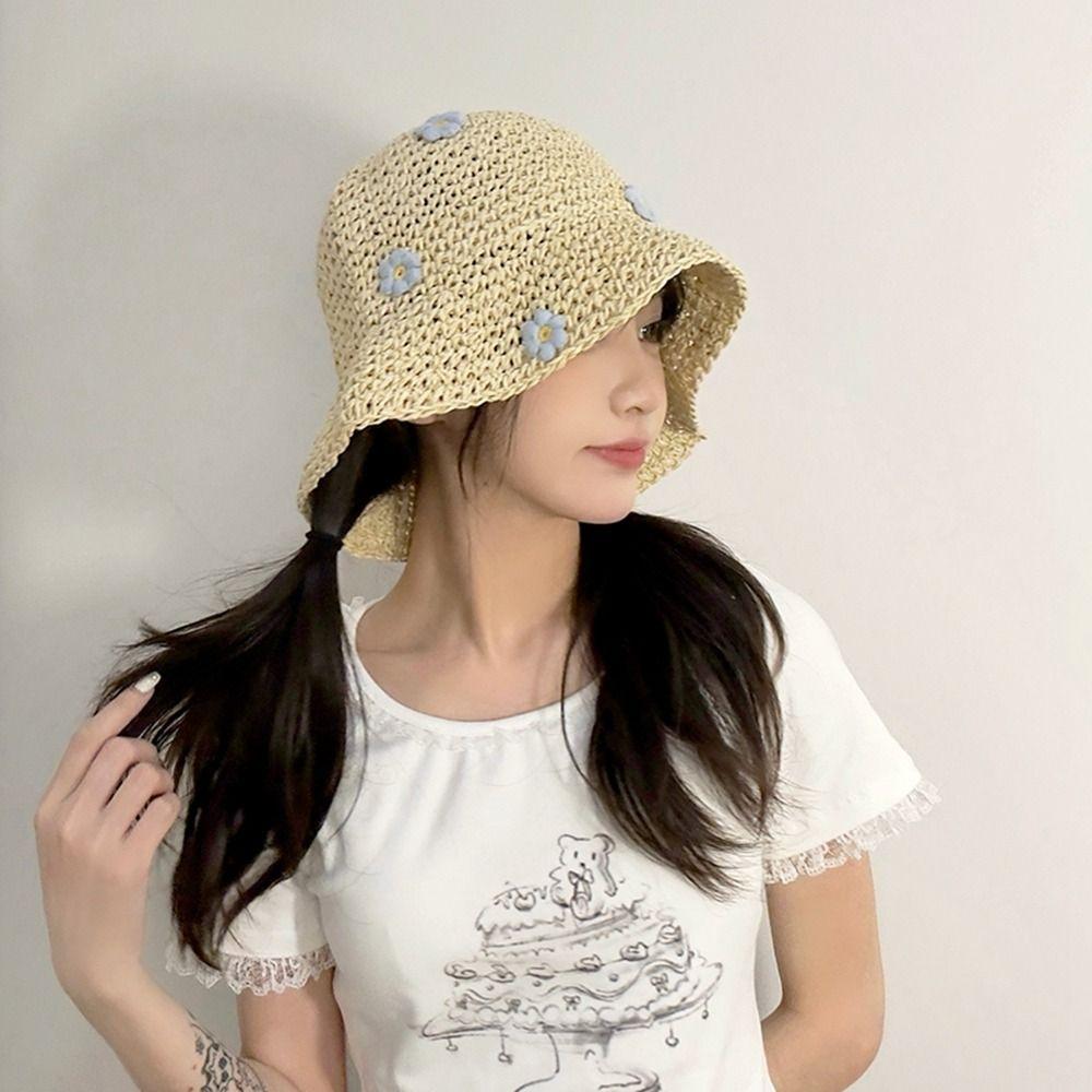 Protection Flower Handmade Weave Boho Beach Hat Sunscreen Straw Hat Sun Protection Sun Cap Sun Hat