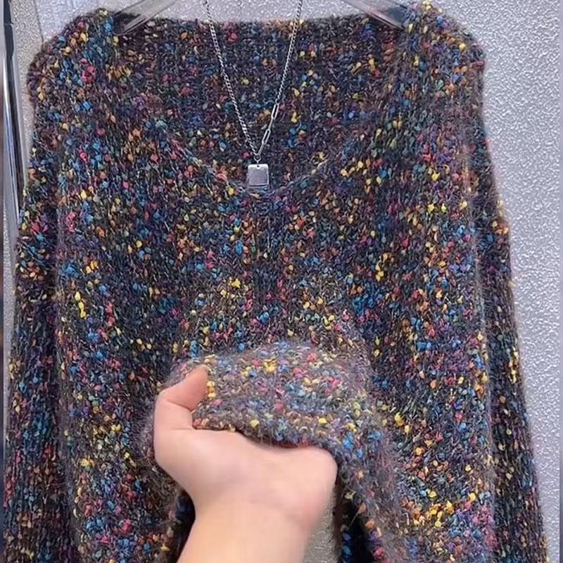 Female V-neck Spring and Autumn Lazy Wind Color Dot Sweater Pullover Short Thickened Top Knitted Sweater