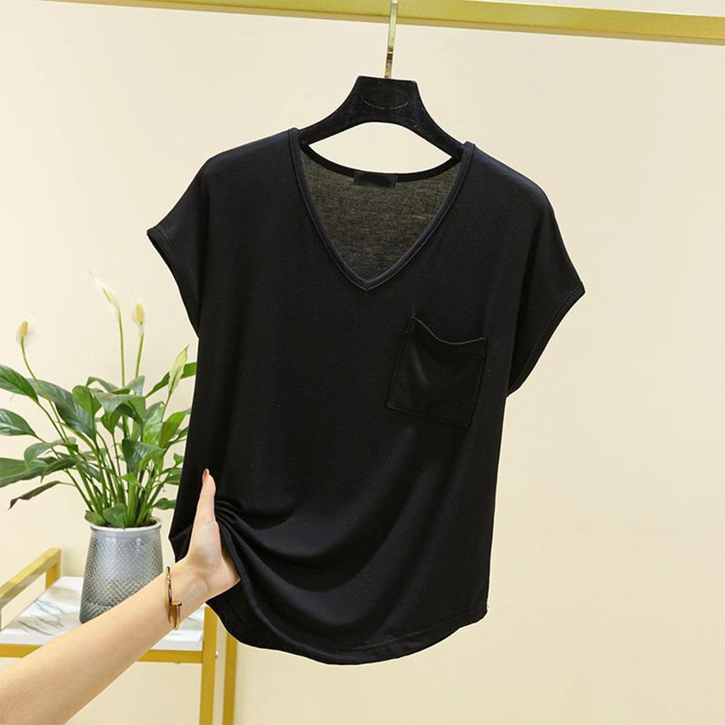Women's Loose Casual V-neck Pocket Short Sleeved T-shirt For Summer Thin Cut Single Top Solid Color Inner Layer Bottom Layer