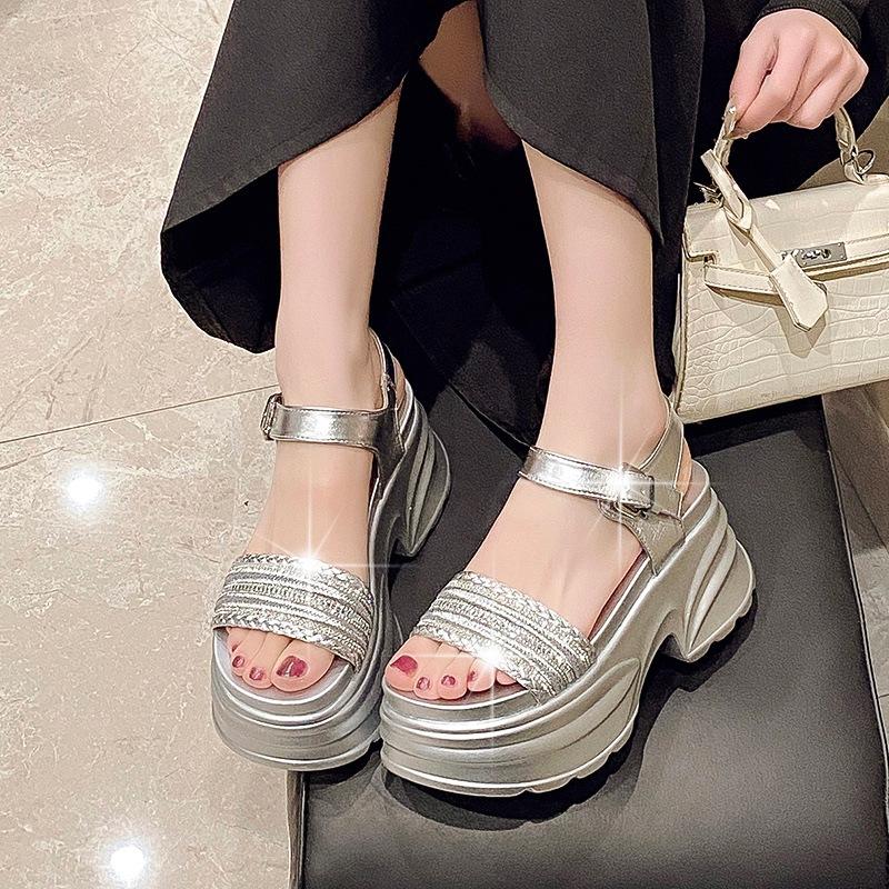 Women's Sandals for Summer Outdoor Wear, Light Luxury Rhinestone Thick-soled Roman Shoes, Exquisite All-match Sandals