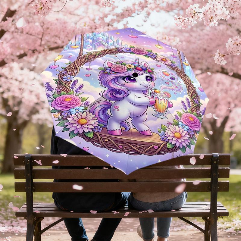 1PC Unicorn Flowers Umbrella-8-Rib Reinforced, Automatic Open, Lightweight & Durable, Fashion Accessory for Outdoor, H0337