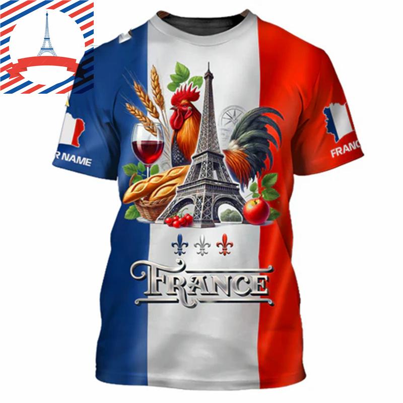 Französisches Flag Football T-Shirt für Herren 3D-Druck Hahn Rundhals-T-Shirts Benutzerdefinierter Name Streetwear Sommer Mode Trend Tee