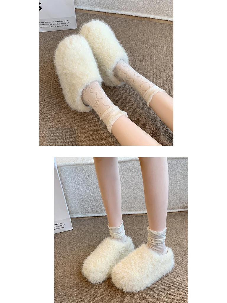 Women's Fuzzy Thick-Soled Closed-Toe Slippers - Warm, Fashionable, and Cute for Indoor/Outdoor Wear
