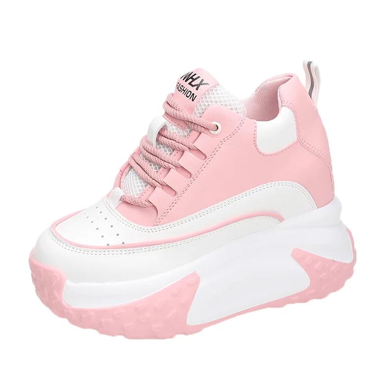 10CM High Heels Autumn Chunky Sneakers for Women 2025 New Platform Sports Mesh Shoes Woman Lace-up Thick Bottom Dad Shoes Ladies