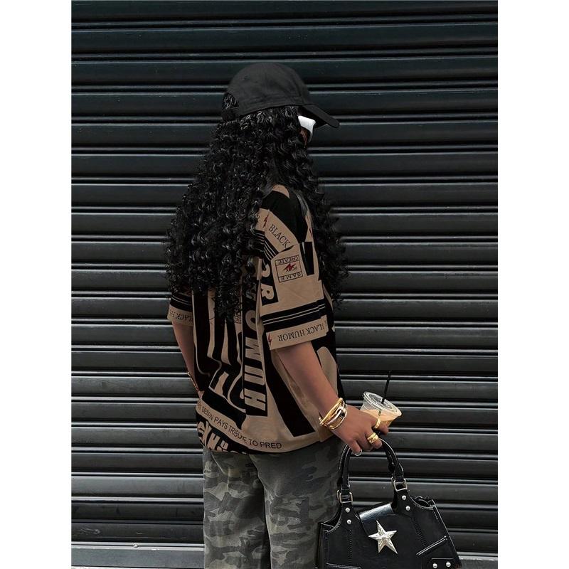 Large American Retro BLACK Printed Short Sleeved T-shirt For Women's Street Style Loose And Slimming Contrasting Half Sleeved Top