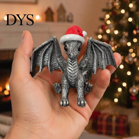 Detailed Dragon Ornament Santa Hat Figurine Ornament, Retro Resin Christmas Ornaments Decoration, Distressed Statue for Desktop Tree Decor Fantasy
