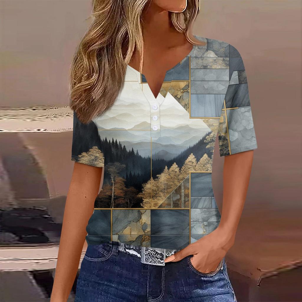Damska koszulka z nadrukiem, guzikami, krótkim rękawem, tunika, codzienna, weekendowa, modna, podstawowa, dekolt w serek, regularna góra