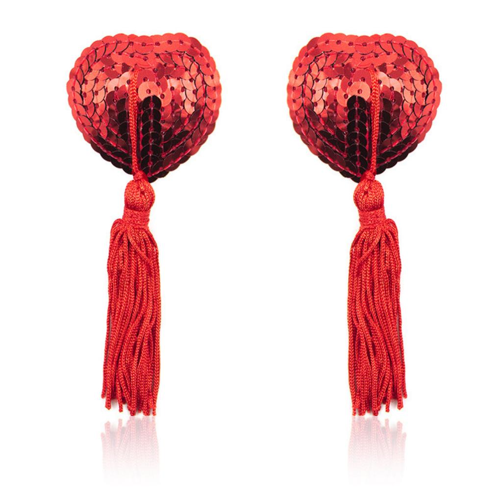 Seamless Silicone Nipple Covers with Heart Shaped Tassel Sequins - Red Pasties for Women Lingerie Accessories, Adhesive Pasties for Party Costume