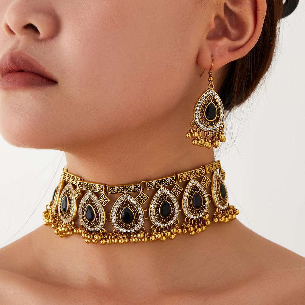 Bohemian Indian Style Rhinestone Tassel Necklace & Earrings Set for Women