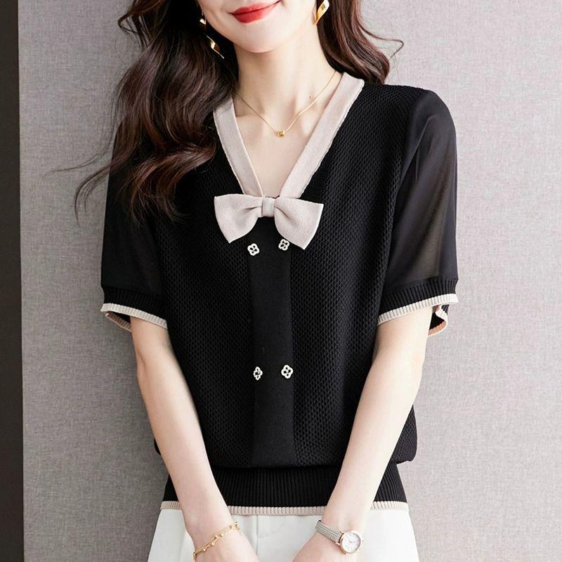 

Женская футболка с коротким рукавом из ледяного шелка, летняя свободная утягивающая тонкая трикотажная футболка с бантом 3XL