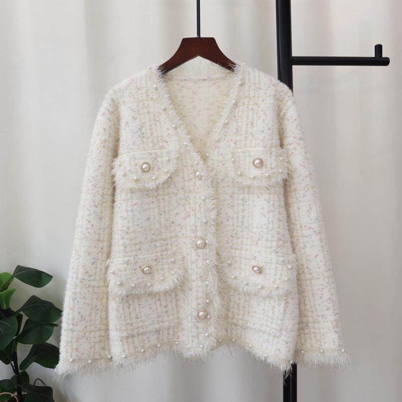 Heavy Industry Nail Bead Imitation Mink Fleece Sweater Jacket Autumn and Winter New High-end Knitted Cardigan Women