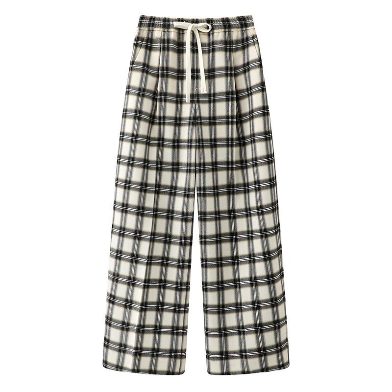 In Stock: 2026 Spring Fashion Plaid High-Waisted Wide-Leg Pants Large