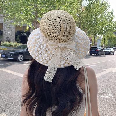 Straw Hat Women's New Woven Lace Small Flower Vacation Big Brim Sun Hat Seaside Beach Hat Sun Hat