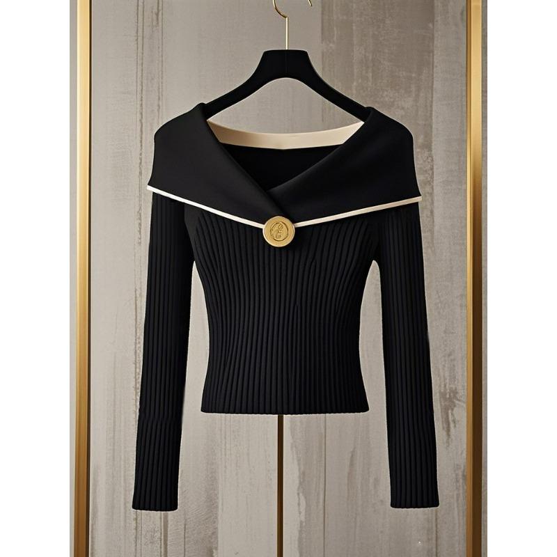 Schicker Strickpullover im französischen Stil mit schmaler Passform, Herbstpullover mit V-Ausschnitt, schickes Langarmoberteil für die Innenbekleidung von Damen