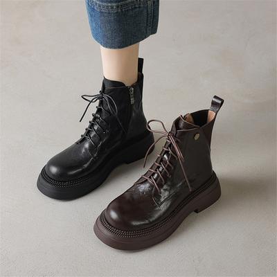 Mode Nouvelles Bottes d'Automne/Hiver en Cuir Véritable pour Femmes Chaussures à Bout Rond pour Femmes Bottes de Mode Talons Moyens Lacets Fermeture Éclair Latérale Bottes à Plateforme