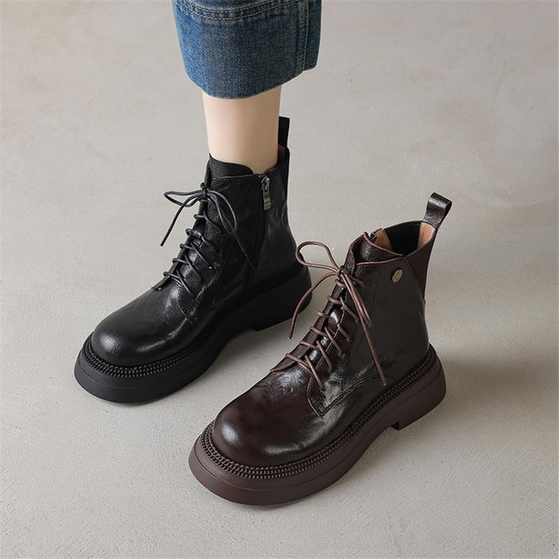 Fashion New Autumn/winter Genuine Leather Women Boots Round Toe Shoes for Women Fashion Boots Mid Heels Lace Side Zipper Platform Boots