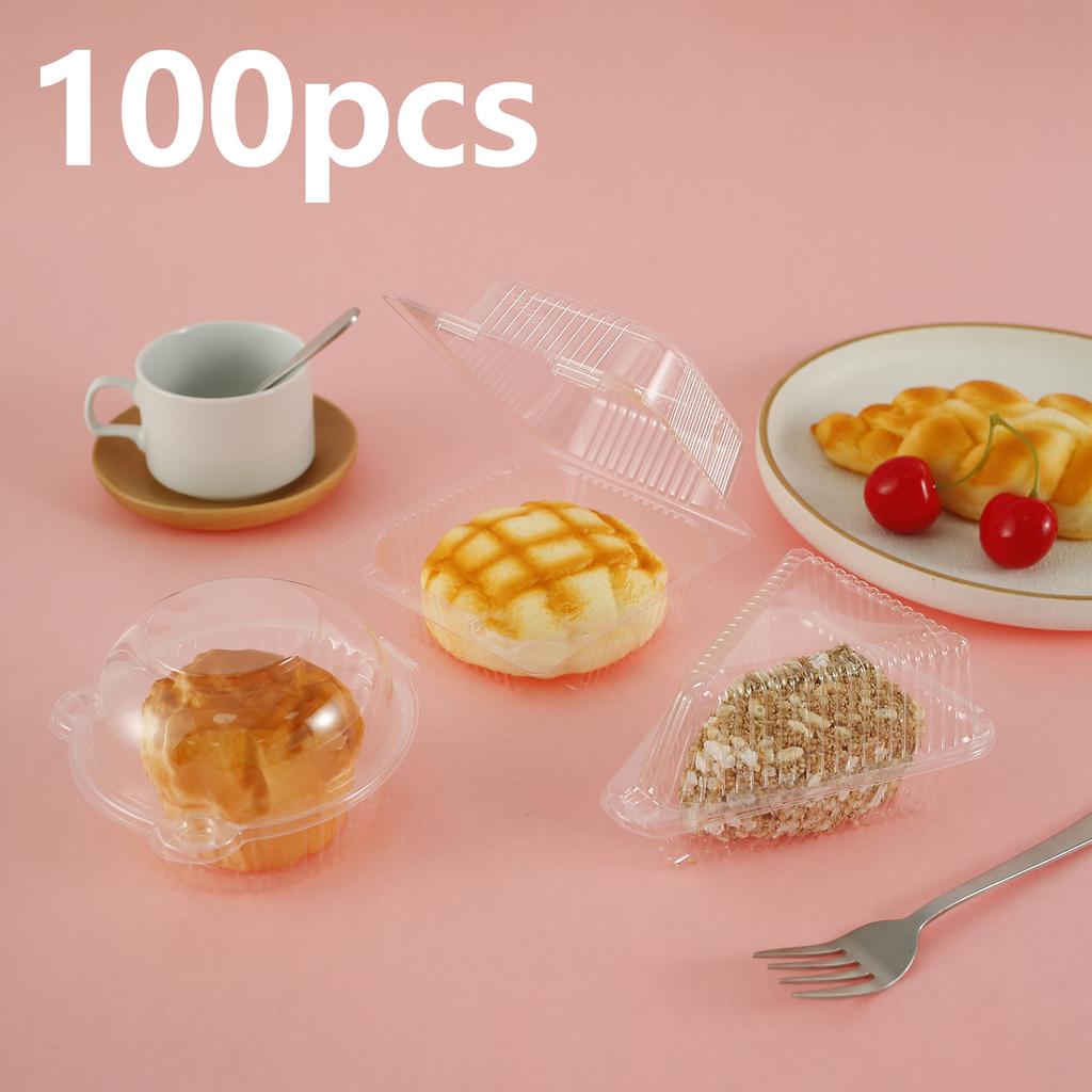 100Pcs Cake Slice Container Clear Triangle Square Round Dessert Box Food Packing Box Plastic Fruit Cupcake Mousse Cheesecake Box