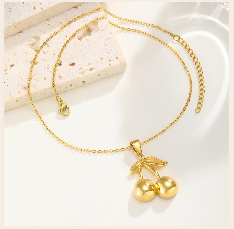 Gold Plated Cherry Pendant Necklace for Women, Cute Fruits Pendant Necklace, Stainless Steel Nickel-free