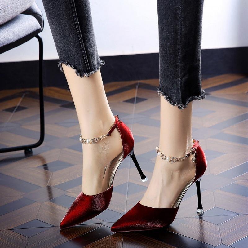Red-soled high heels, sexy satin one-word buckle pointed rhinestones, red spring stiletto dress women's single shoes