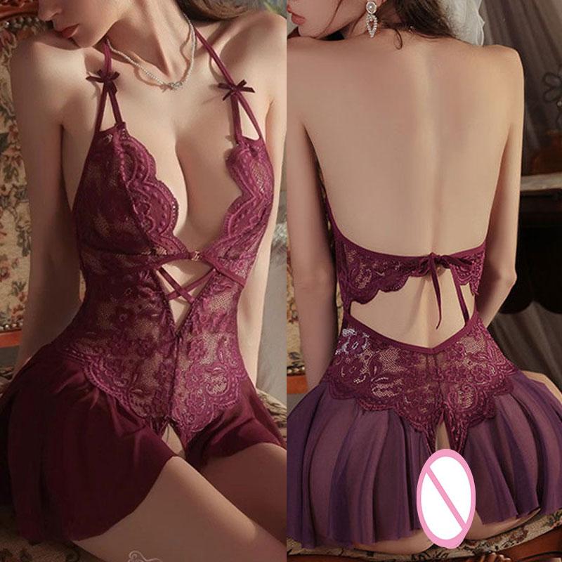 Lace Porn Lingerie Hollow Out Bra Purple Crotchless Underwear Erotic Dress Transparent Backless Hot Undershirt Teddy Nightgowns