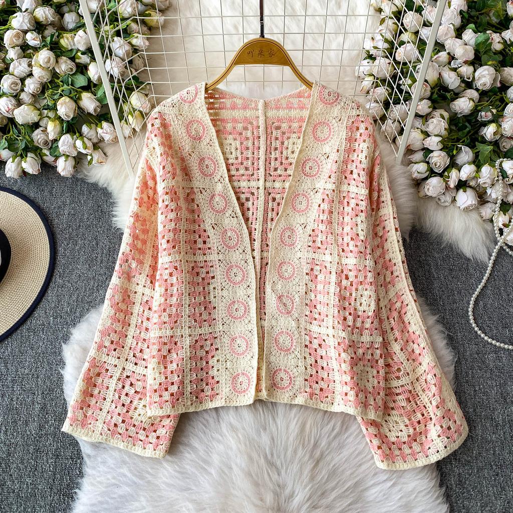 Bohemian Herbst/Winter V-Ausschnitt Langarm Häkel-Ausschnitt All-Match Lockerer Cardigan