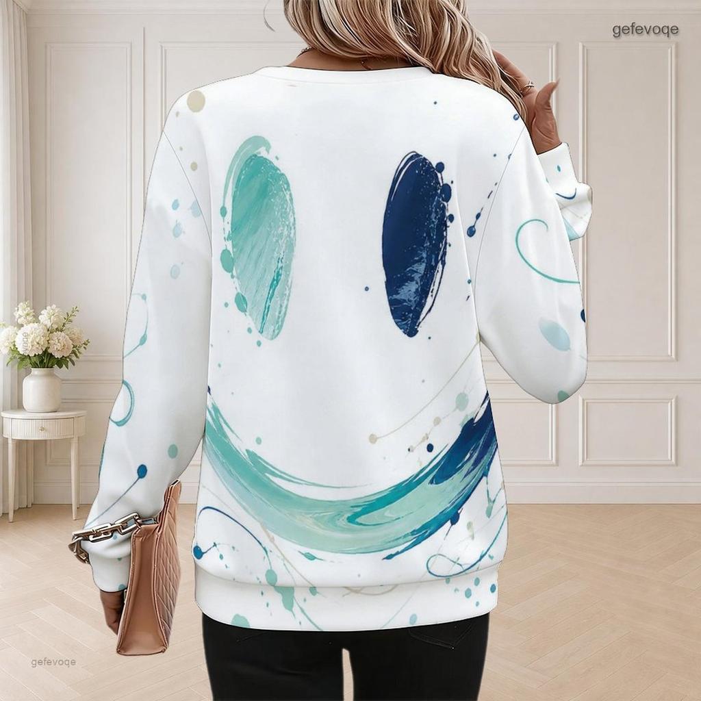 Women Plus Size Round Neck Long Sleeve Abstract Geometric Plant Print Sweatshirt Pullover