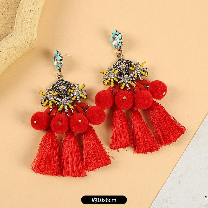 Pompom Earrings Women's Long Personalized Colored Hairball Stud Earrings Vintage Bohemian Vacation Fringed Earrings