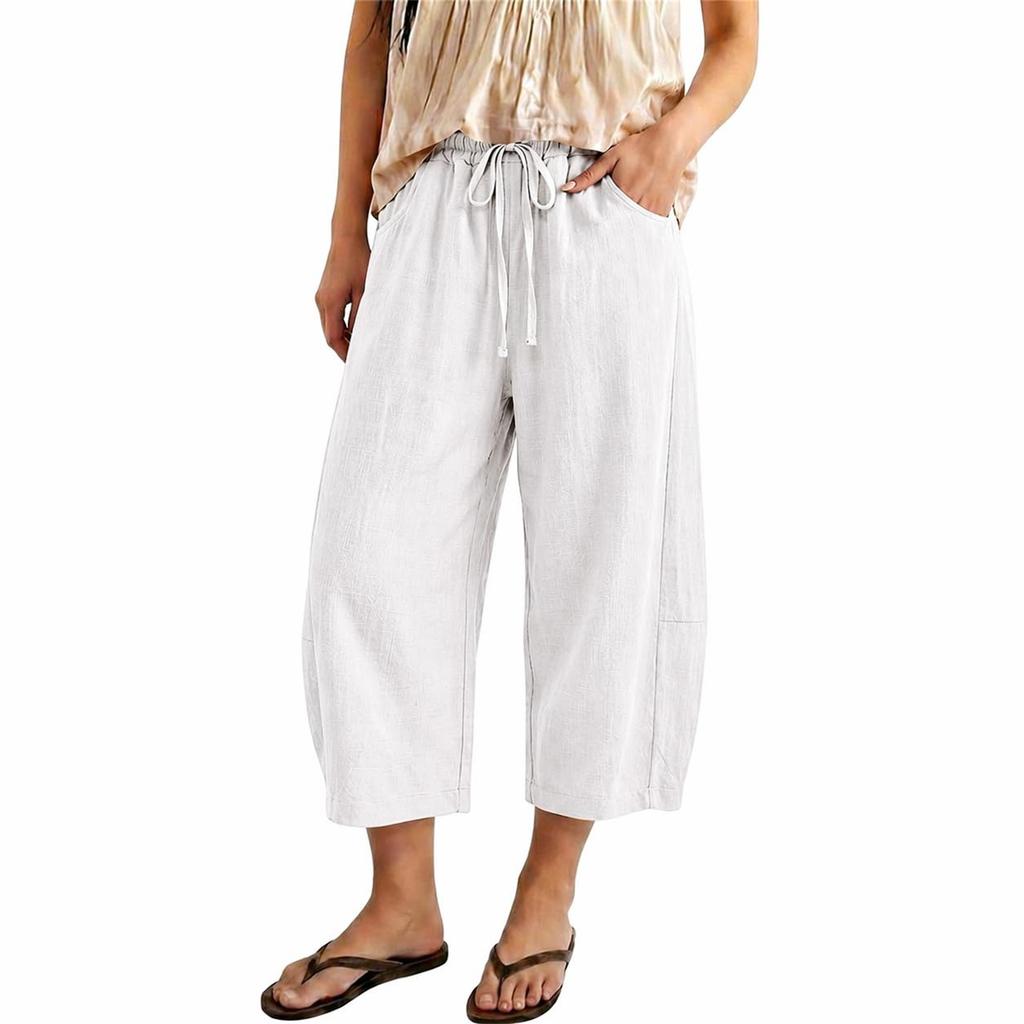 Women's Short Linen Flared Pants With Drawstring, Wide-Leg Cotton Cropped Pants