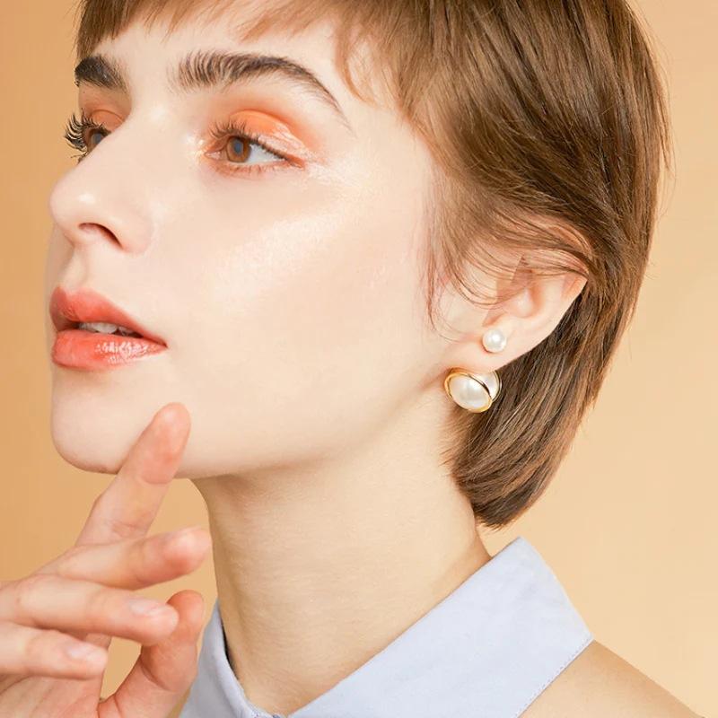 Niche Design Sense Of Simple Size Pearl Earrings Stud Earrings Irregular Strip Circle Pearl Earrings