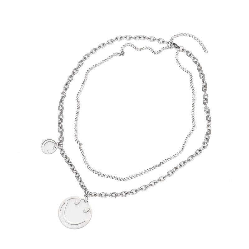 Titanium Steel Smiley Face Necklace Female Hip Hop Double Pendant Collarbone Chain Sweater Chain Neck Chain Item