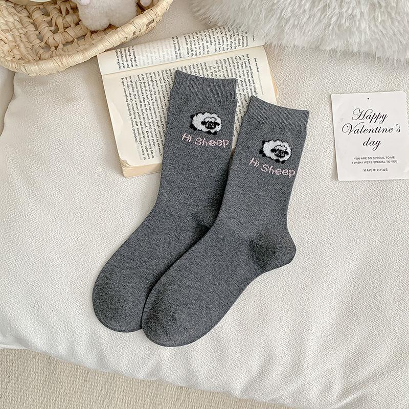 Female Spring and Autumn Lovely Assorted Cartoon Floss Lamb Striped Boneless Tube Pile Socks