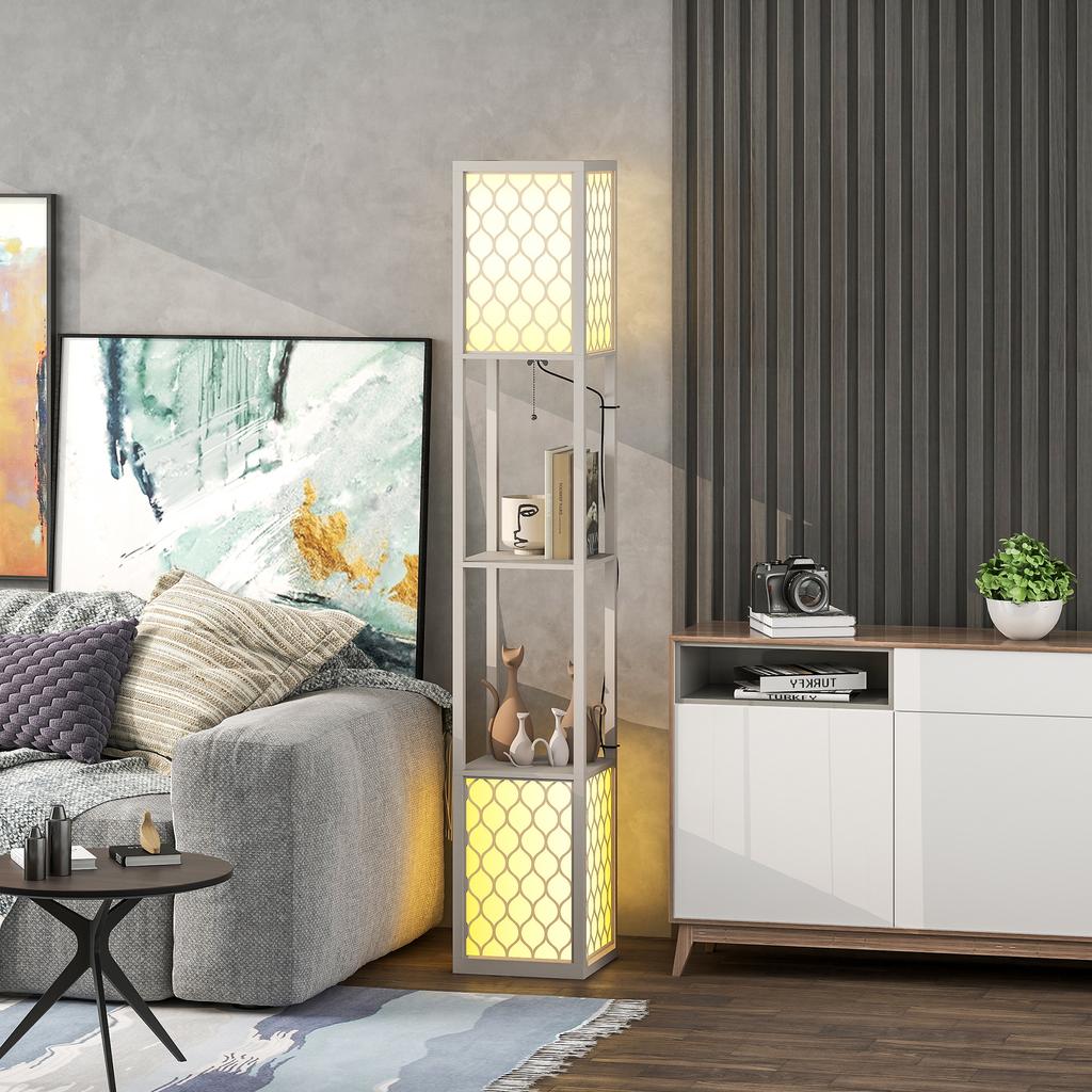 Floor Lamp In Modern Design, 2 Shelves, Pull Chain Switch, 26 Cm X 26 Cm X 156 Cm, Black + White
