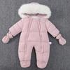 Fashion Fur Collar Hooded Plus Velvet Thickened Children's One-piece Winter Baby Romper with Gloves