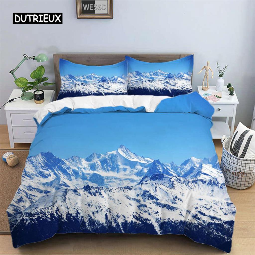 Snow Mountain Duvet Cover Set Polyester 3D Landscape Bedding Set for Teens Adults Ski Slope Winter Theme Queen Comforter Cover