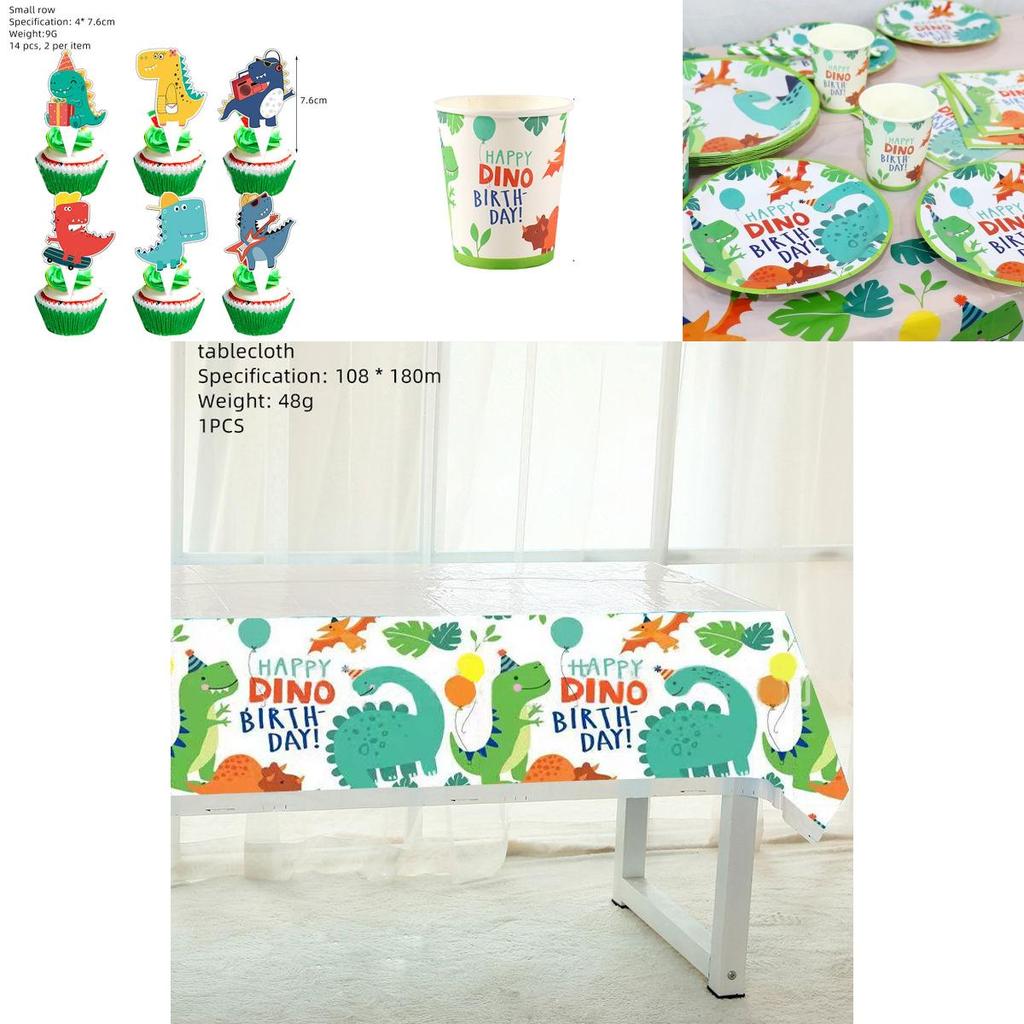Colorful Cartoon Dinosaur Party Birthday Supplies Tableware Plates Cups Banner Set