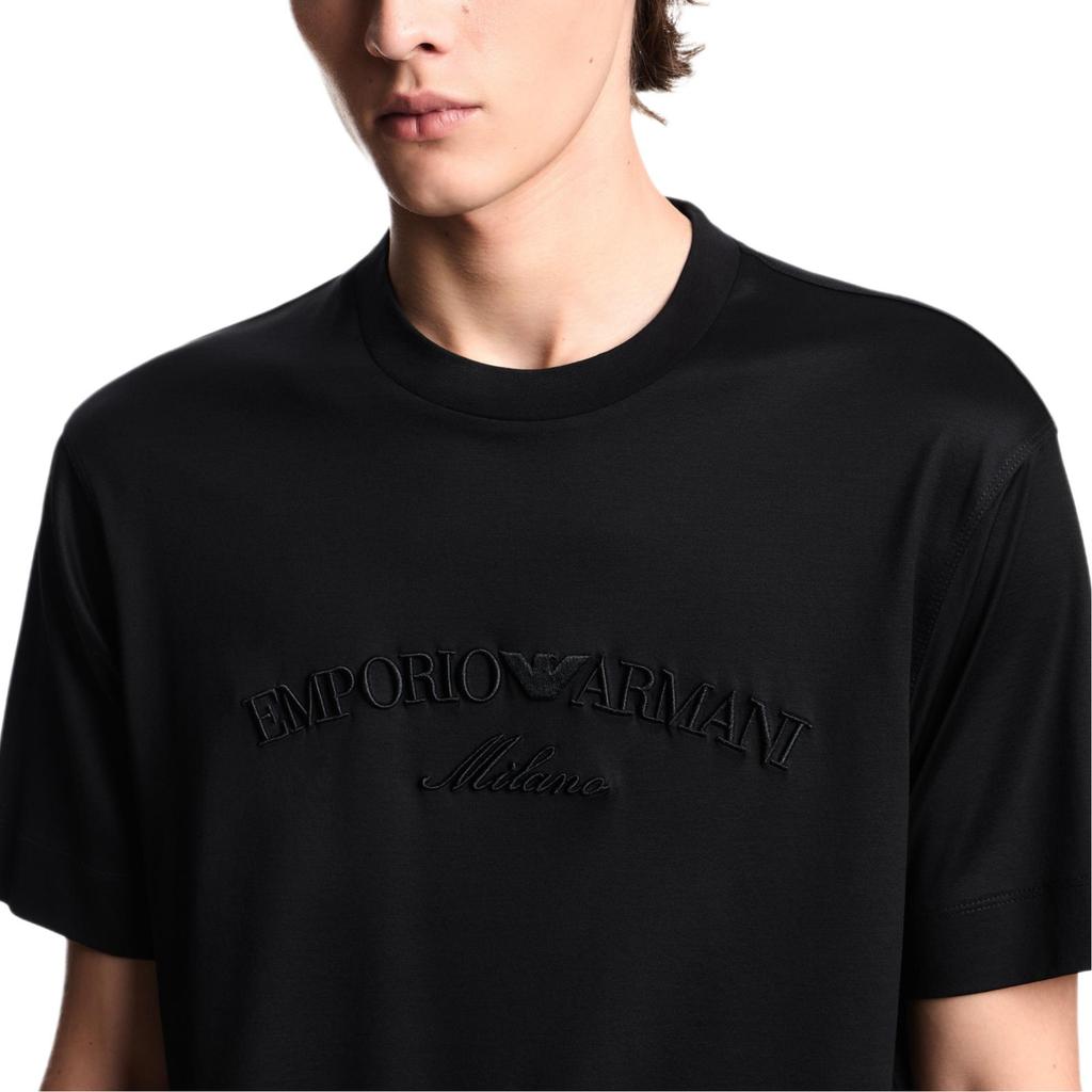 Emporio Armani FW25 Eagle Embroidered Lyocell Blend Knit Solid Color Crew Neck T-Shirt Men Tops EM002835-AF10761-UC001