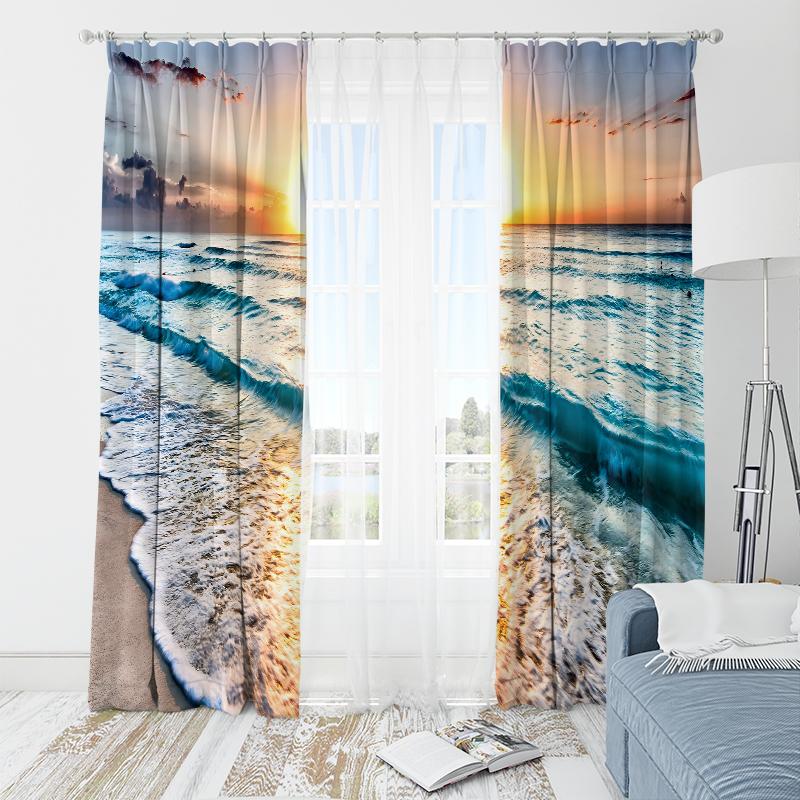 2 pieces, polyester material, ocean landscape curtain, tropical beach landscape printed curtain rod, pocket landscape curtain