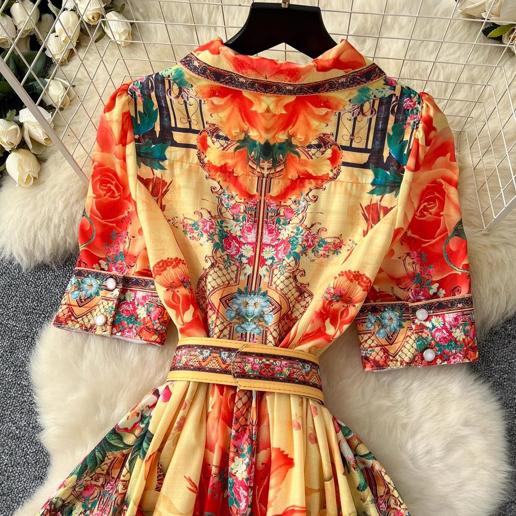 Jaro Léto Luxusní Květinové Boho Bohémské Šaty Ženy Vykrojený Oblek Jednořadé Krátký Rukáv Maxi Dlouhé Společenské Šaty