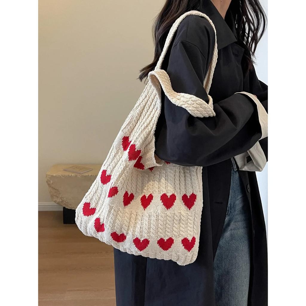 1pc Heart Pattern Color Blocking Crochet Handbag Shoulder Bag Large Capacity Fashion Beach Bag Versatile Commute Bag Large Bag