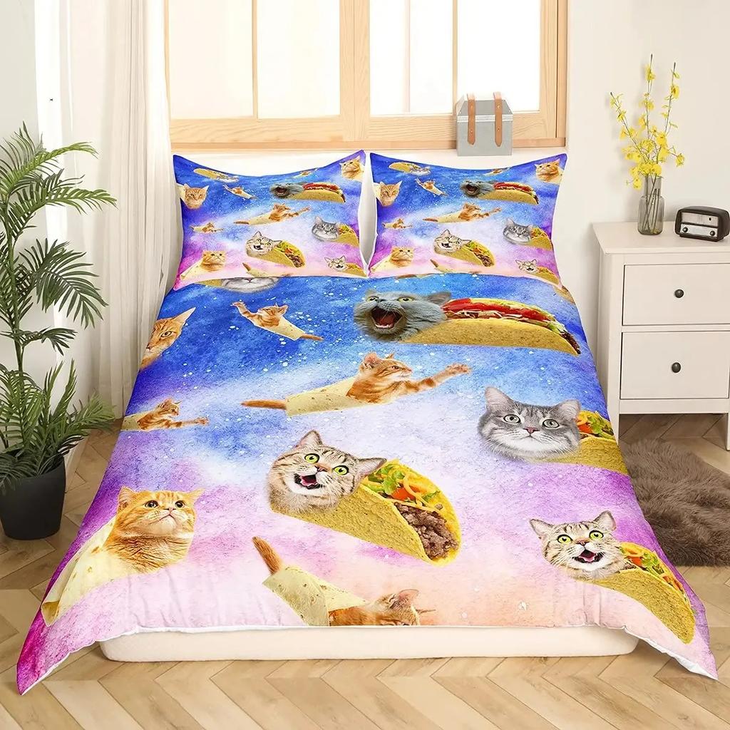 Rainbow Cat Butterfly Duvet Cover Set King,Watercolor Tie Dye Planet Galaxy Outer Space Bedding Set Shiny Golden Glitter Bed Set