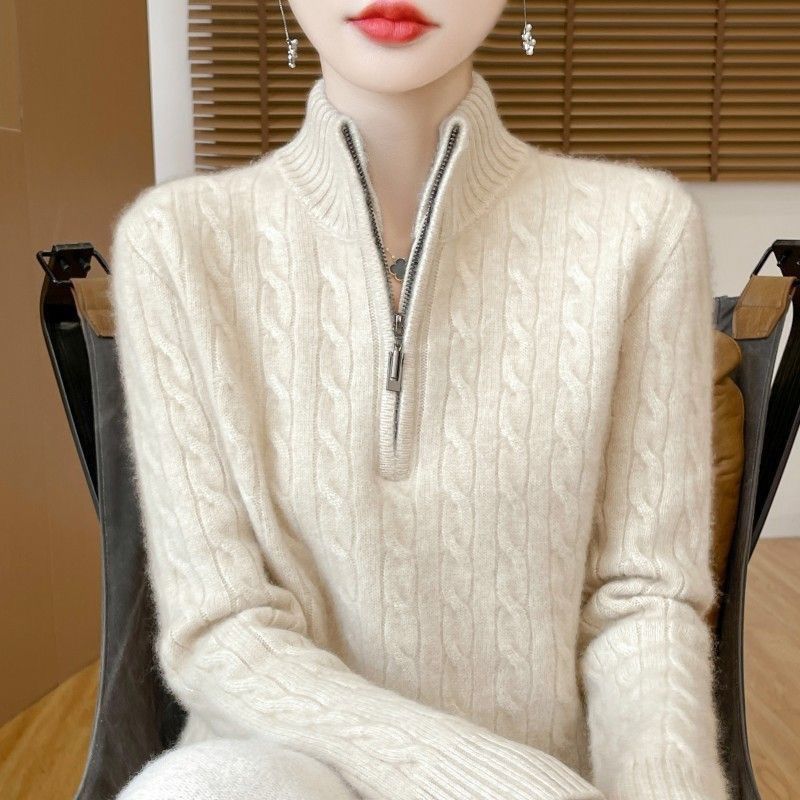 

Женский свитер со стойкой, свободный, на молнии, однотонный, толстый, теплый, вязаный, пуловер, вязаный топ, осень-зима S