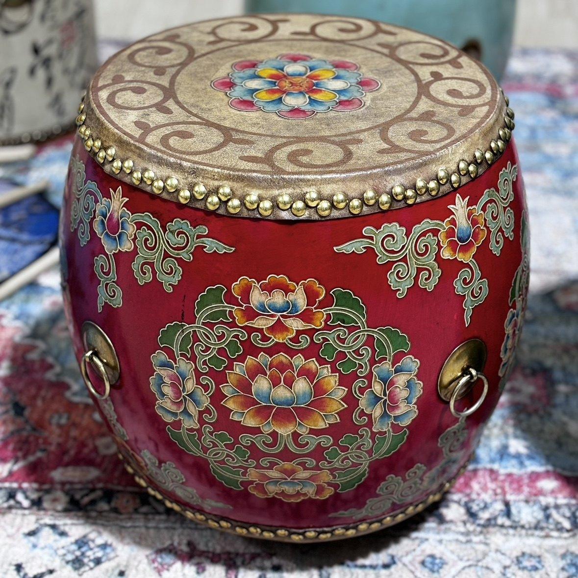 

New Chinese Style Solid Wood Stool, Hand-Painted Round Ottoman for Entryway & Balcony, Multifunctional Decor Bench & Side Table