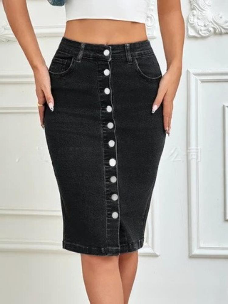 Falda Midi de Mezclilla para Mujer con Botones al Frente, Cintura Alta, Bodycon, Falda Lápiz Casual