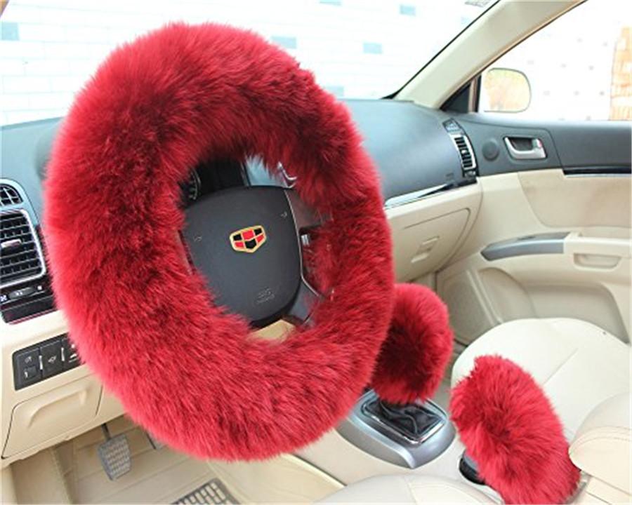 3Pcs/Set Long Plush Fur Cover For Car Steering Wheel Gear Knob and Parking Brake
