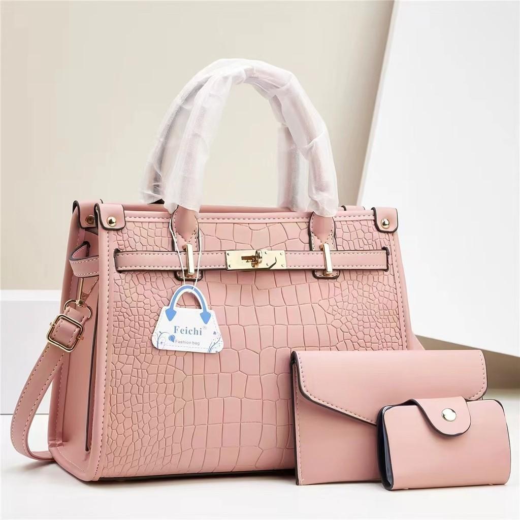 Macaron Threepiece Handbag Set With Pu Material For Daily Casual Use Pink